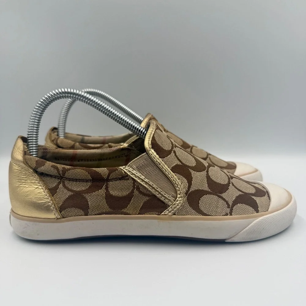 Coach Barrett Womens Size 7 Slip On Sneakers Monogram Canvas Metallic Gold Brown